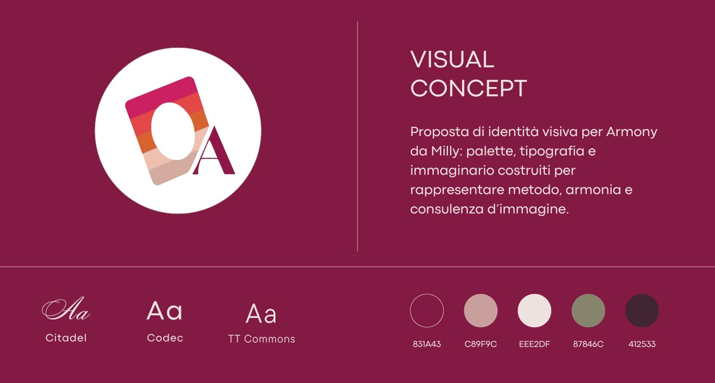 Il visual concept: palette bordeaux, cipria, salvia e il sistema tipografico Citadel, Codec e TT Commons