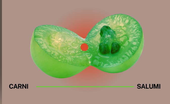 Fotografia pop di un pomodoro verde con l'asse carni-salumi