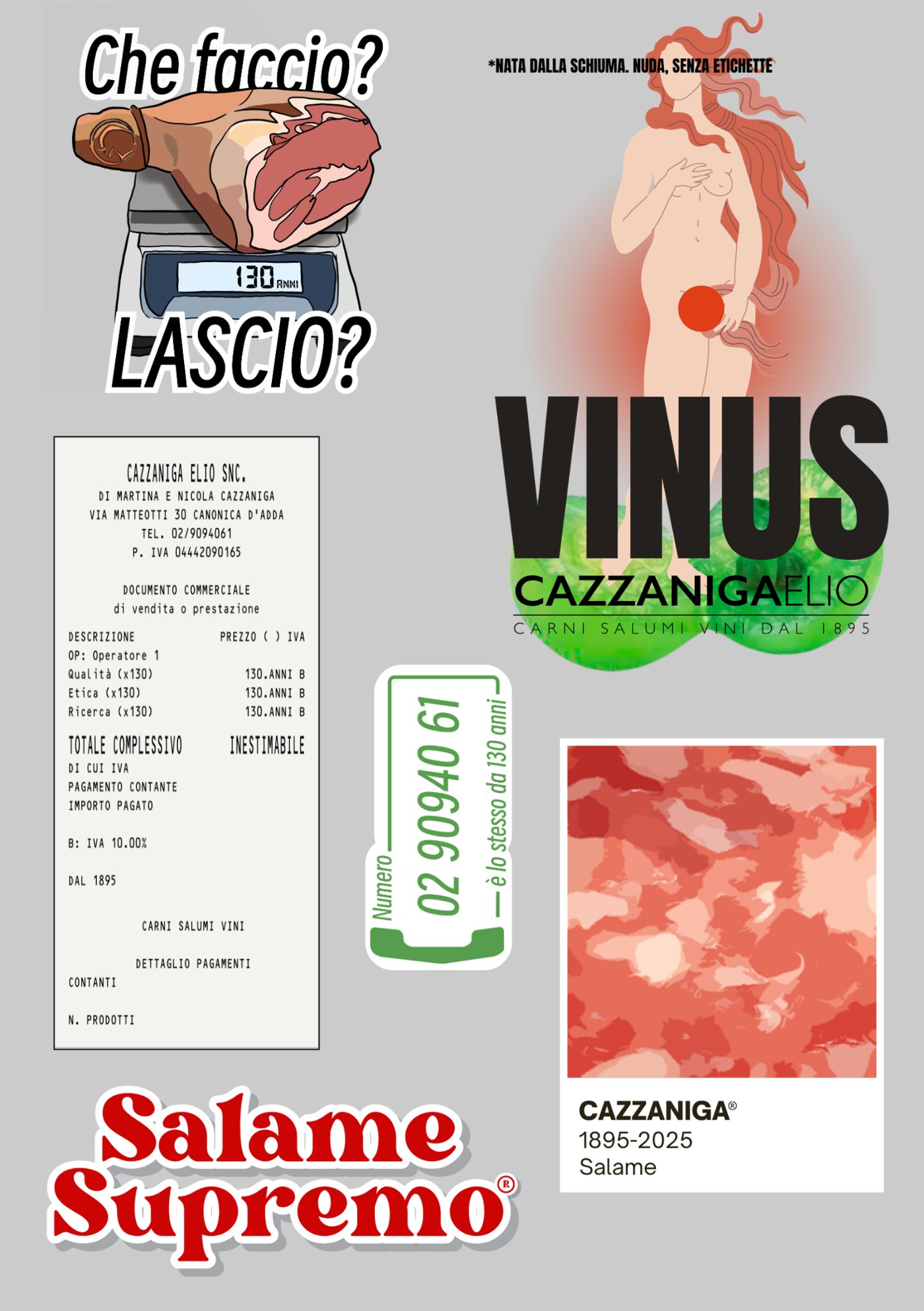 La tavola degli sticker: che faccio lascio, Vinus, lo scontrino, il telefono verde, il Pantone del salame e Salame Supremo