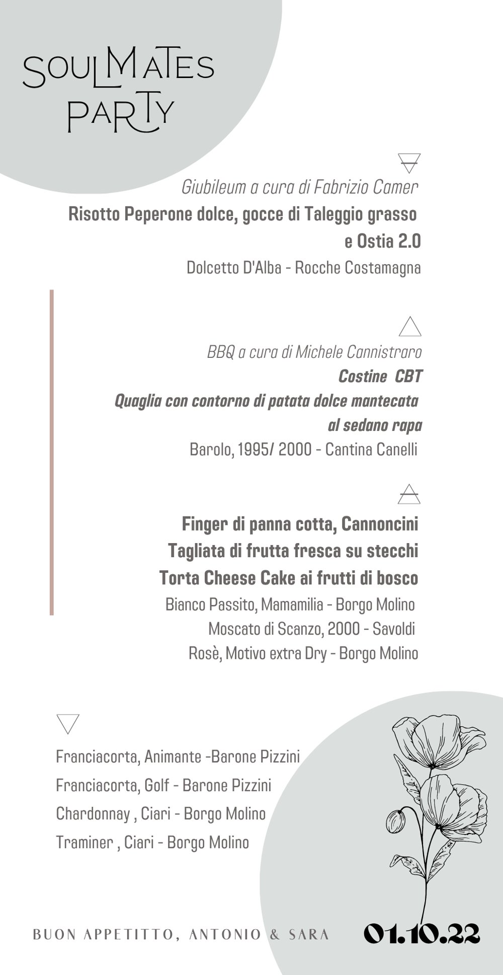 Menu Soulmates Party, 01.10.22: risotto, BBQ, cheese cake, con selezione vini