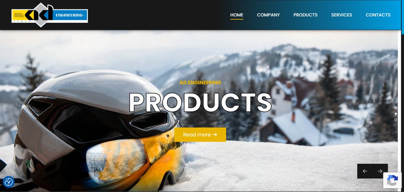 La home di adengineering.eu: casco da sci sulla neve, sezione products