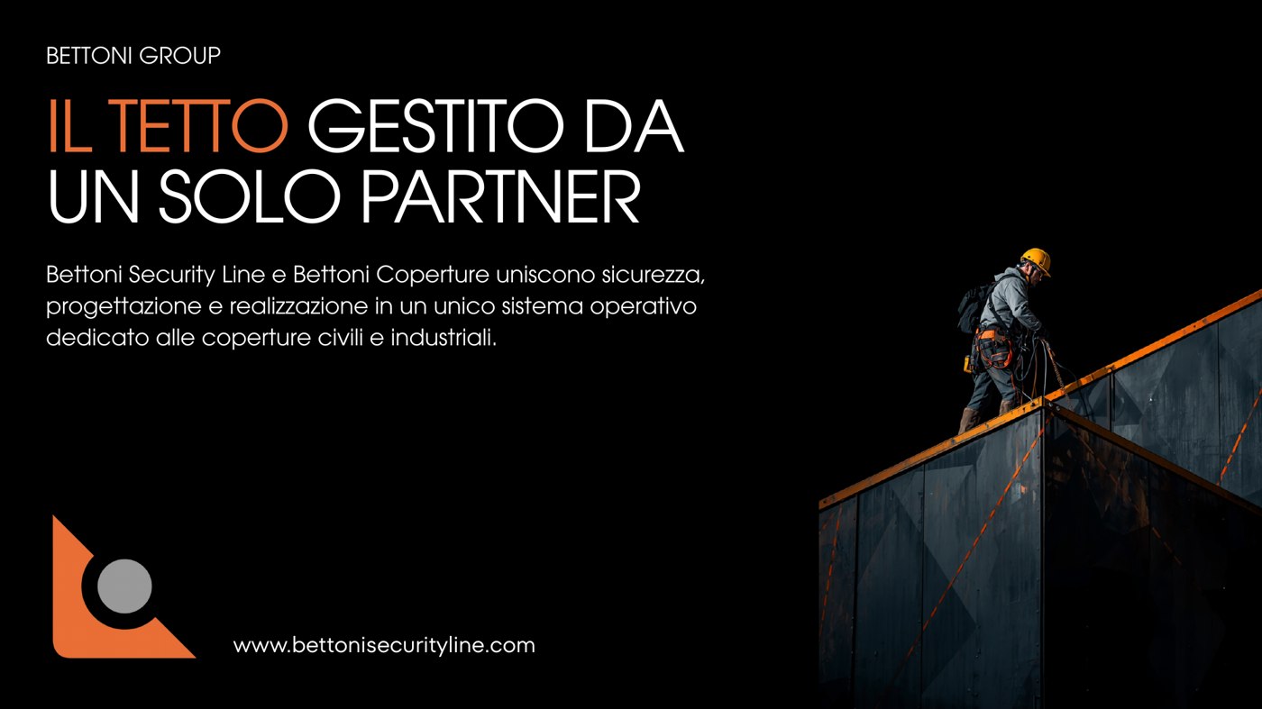 La copertina del nuovo corso Bettoni Group: il tetto gestito da un solo partner, operaio in quota su fondo nero