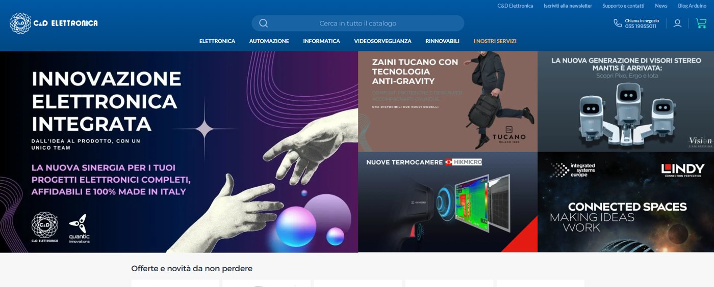 La home di cedelettronica.com: innovazione elettronica integrata, e-commerce e visual curati da The Glint
